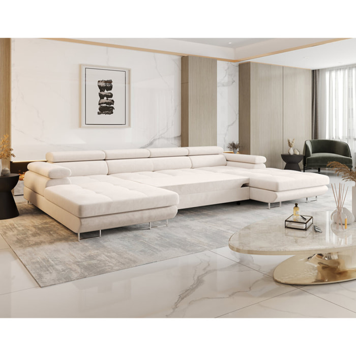 Ayden - Canapé panoramique en U 7 places convertible avec coffre et têtières réglables en tissu - Beige