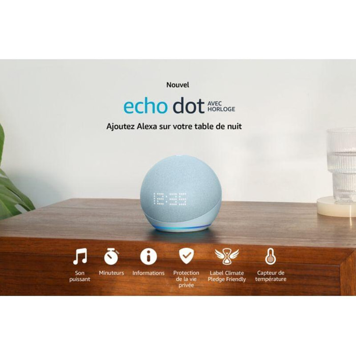 Assistant vocal AMAZON Echo Dot 5 avec Horloge Bleu gris