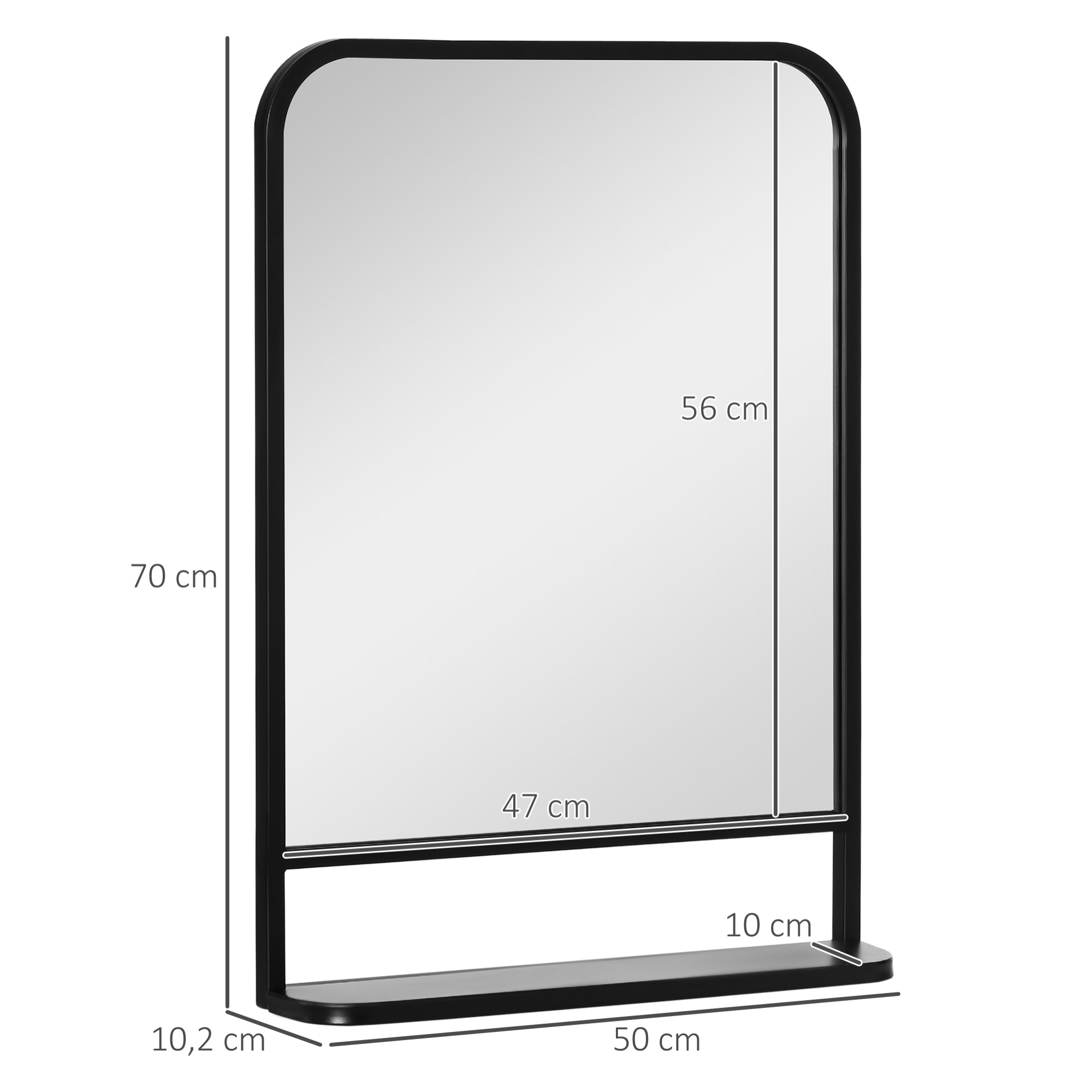 HOMCOM Espejo Decorativo de Pared 50x70 cm Espejo Rectangular de Metal con Estante de Almacenamiento para Salón Dormitorio Entrada Estilo Moderno Negro