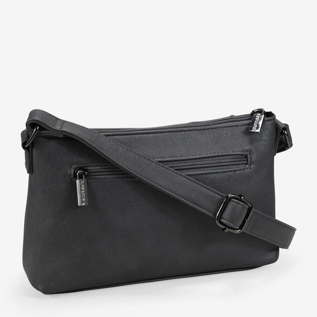 Bolso bandolera gris con cremalleras y tachas