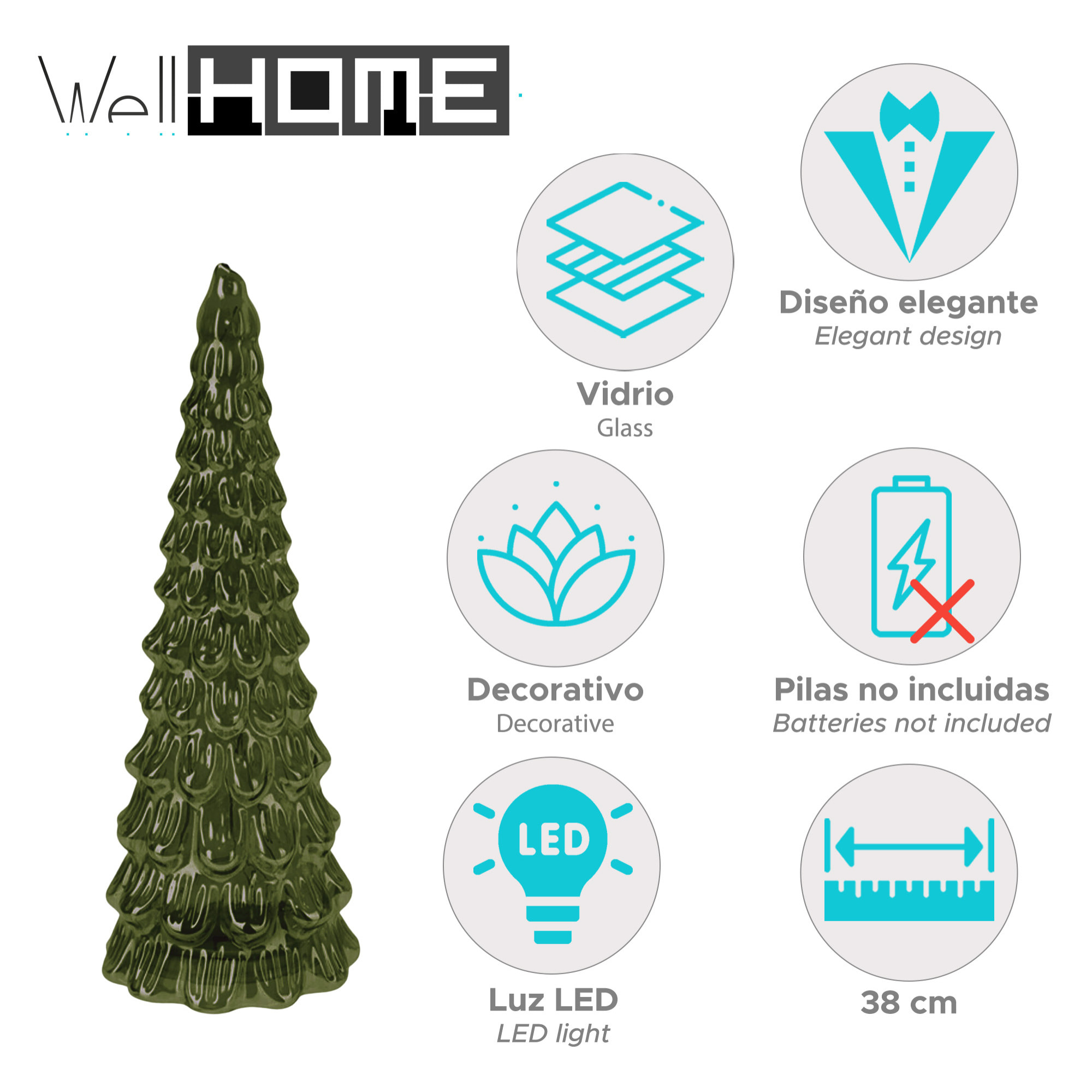 Árbol de navidad con decoración led verde y cable metálico - altura 38 cm