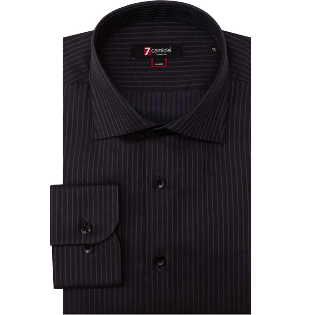 Camicia Uomo 1 Bottone Francese Slim Satin Riga Media Nero/Grigio Scuro