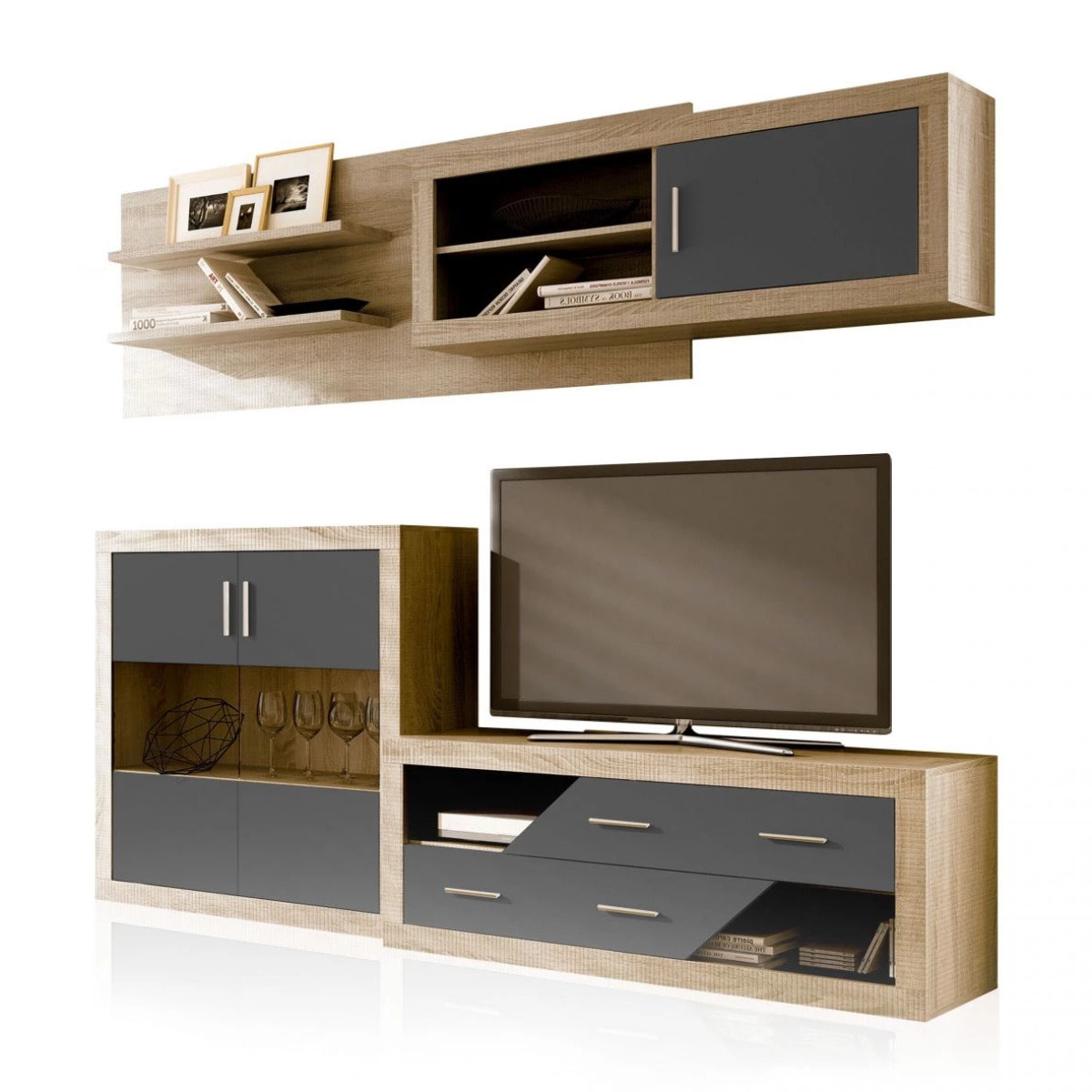 Salón modular con gran capacidad de almacenaje en cambria y grafito 240 cm Nuka V3 Cambria - Grafito