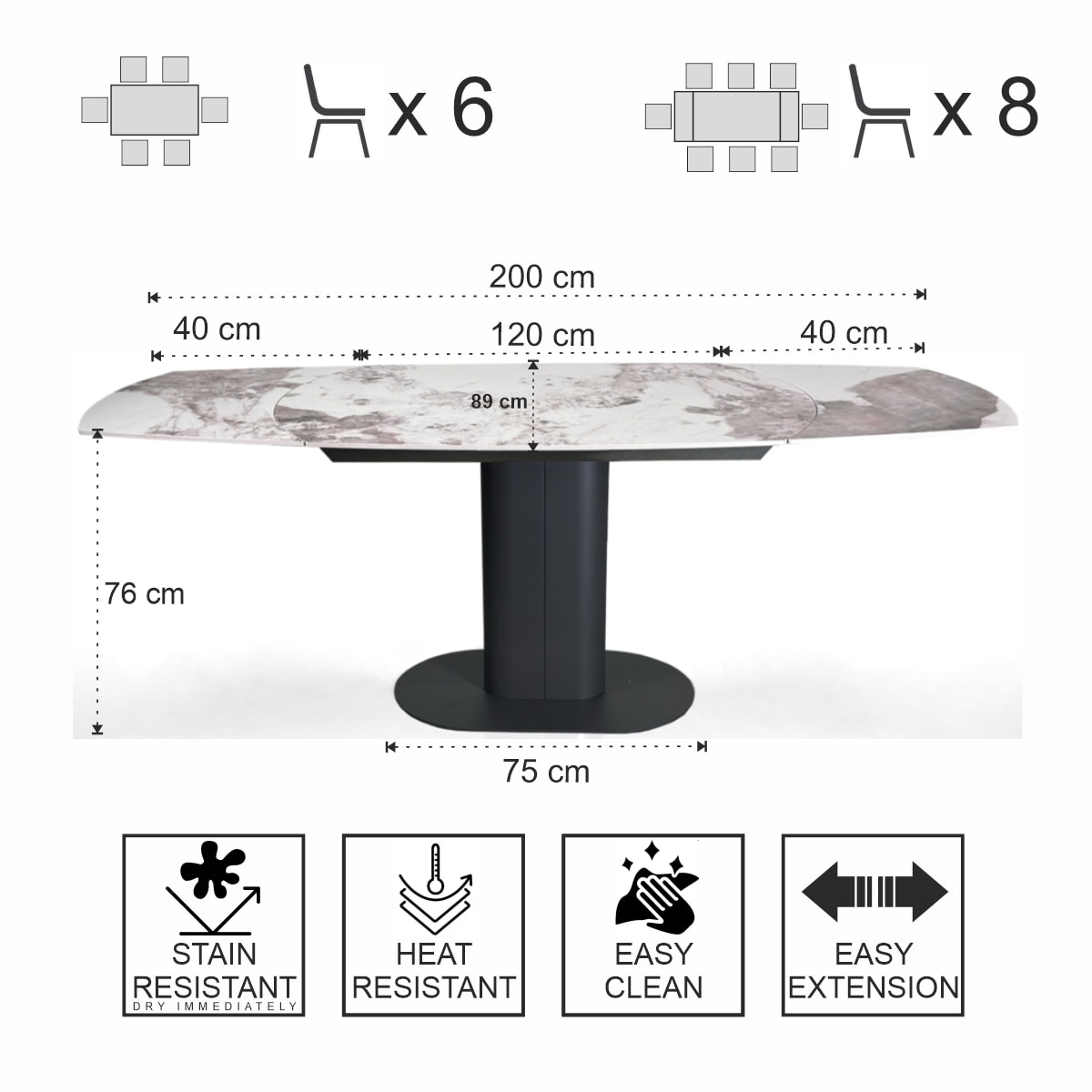 Table à manger extensible Tomasucci FYRM, en céramique, marbre onyx, gris, 120/160/200 × 89 × 76 cm