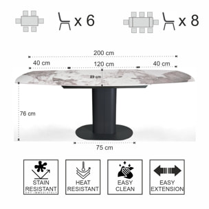 Table à manger extensible Tomasucci FYRM, en céramique, marbre onyx, gris, 120/160/200 × 89 × 76 cm