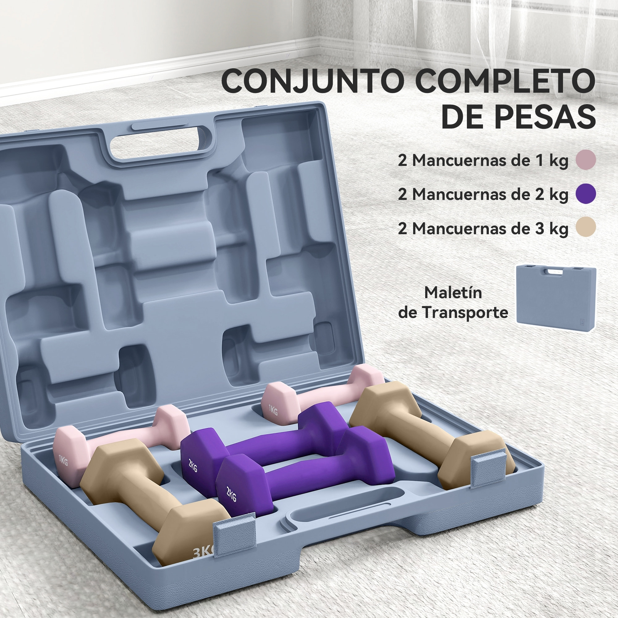 Juego de Mancuernas de 6 Piezas 2 x1 kg 2 x2 kg 2 x3 kg Mancuernas Hexagonales con Revestimiento de Plástico Antideslizante y Estuche de Transporte para Ejercicio en Casa Gimnasio Multicolor