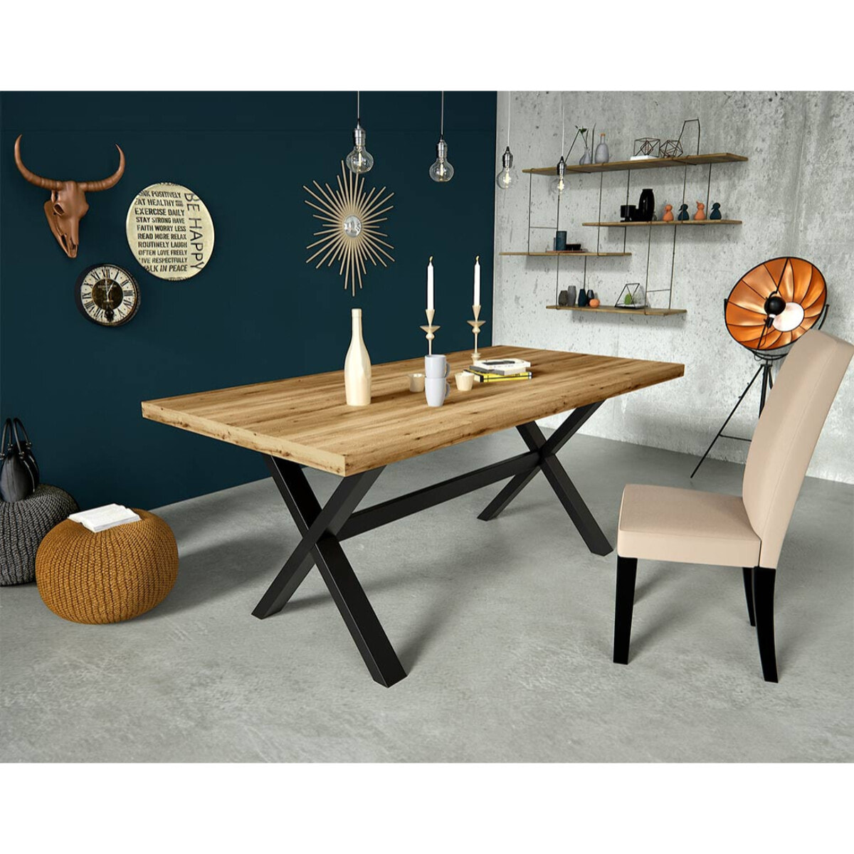 Woody - table à manger - chêne et hêtre massif - 180 cm - Bois / Noir