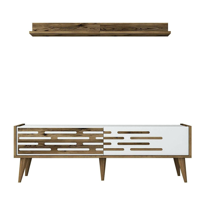 Mobile porta TV Arsiero, Credenza da soggiorno, Armadio basso per TV, Base parete attrezzata, 140x45h35 cm, Noce e Bianco