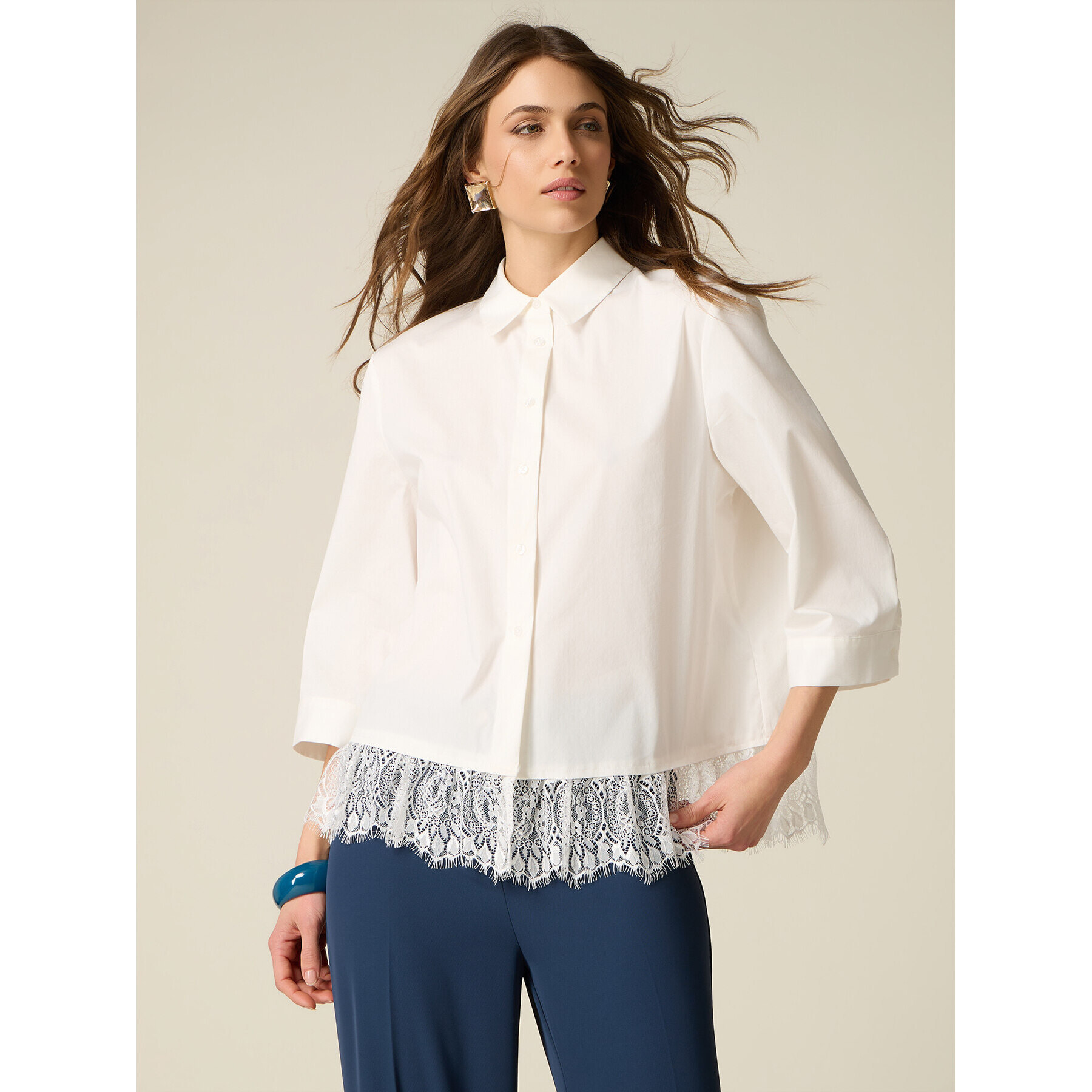 Oltre - Camicia con balza in pizzo - Bianco