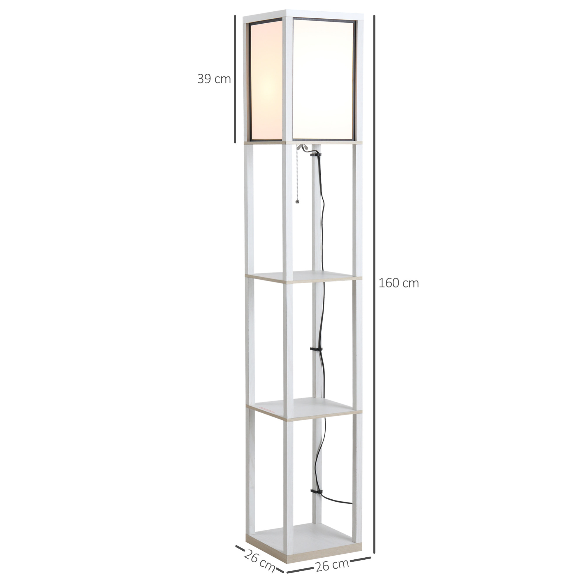 Lampadaire étagère lampe étagère 26L x 26l x 160H cm 3 étagères 4 niveaux MDF blanc