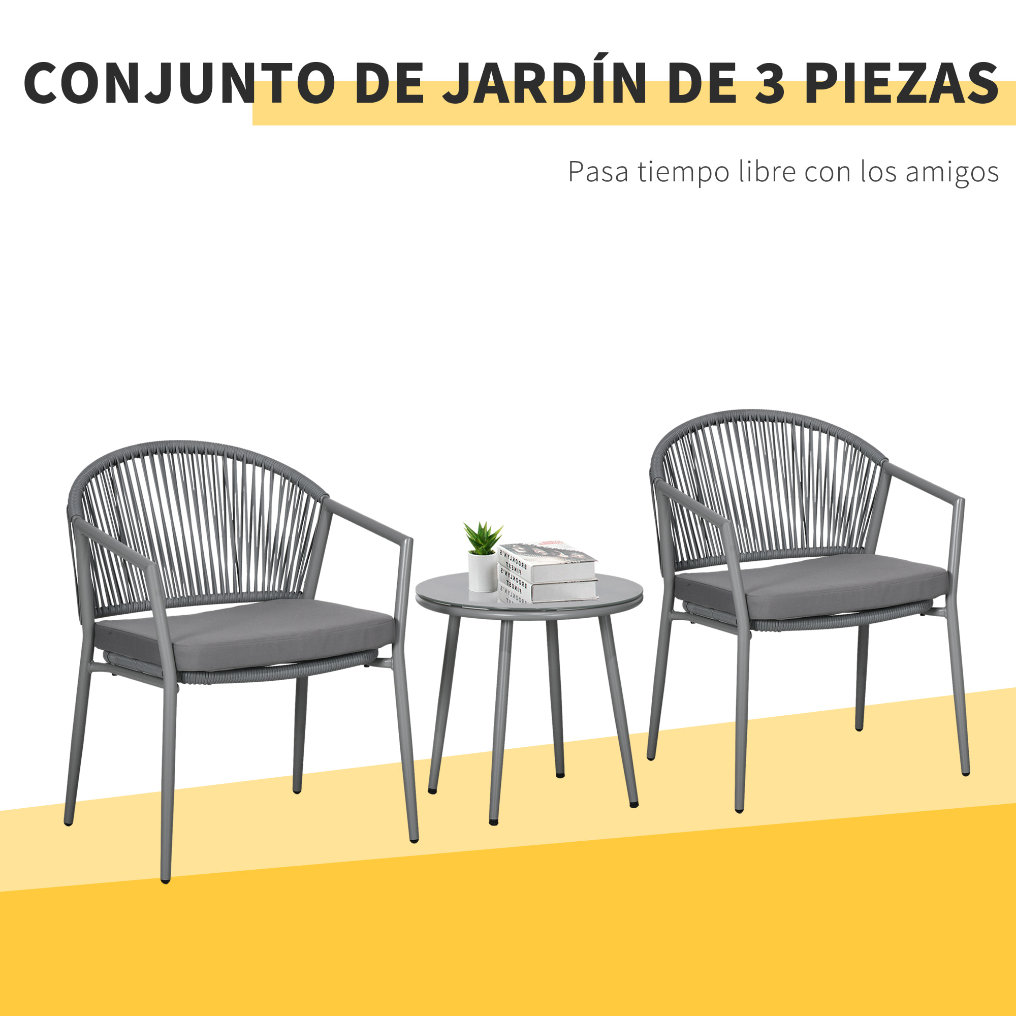 Conjunto de Jardín Exterior de 3 Piezas Juego de 2 Sillas y Mesa de Ratán con Cojines Acolchados y Encimera de Vidrio para Balcón Terraza Gris