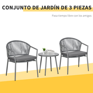 Conjunto de Jardín Exterior de 3 Piezas Juego de 2 Sillas y Mesa de Ratán con Cojines Acolchados y Encimera de Vidrio para Balcón Terraza Gris