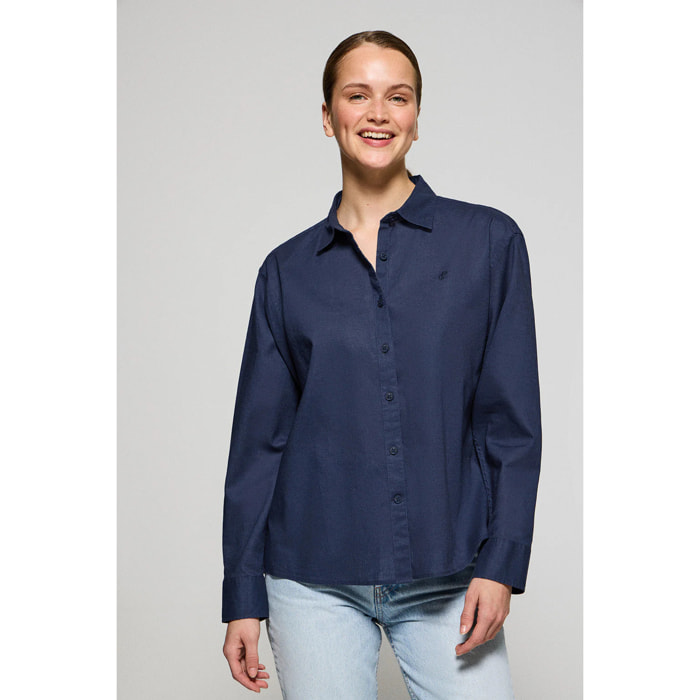 Camicia blu marino loose fit in lino e cotone con ricamo monogramma