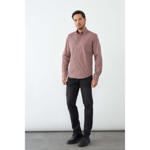 Camicia Uomo 2 Bottoni Button Down Slim Popeline Stampato Bordeaux e Panna