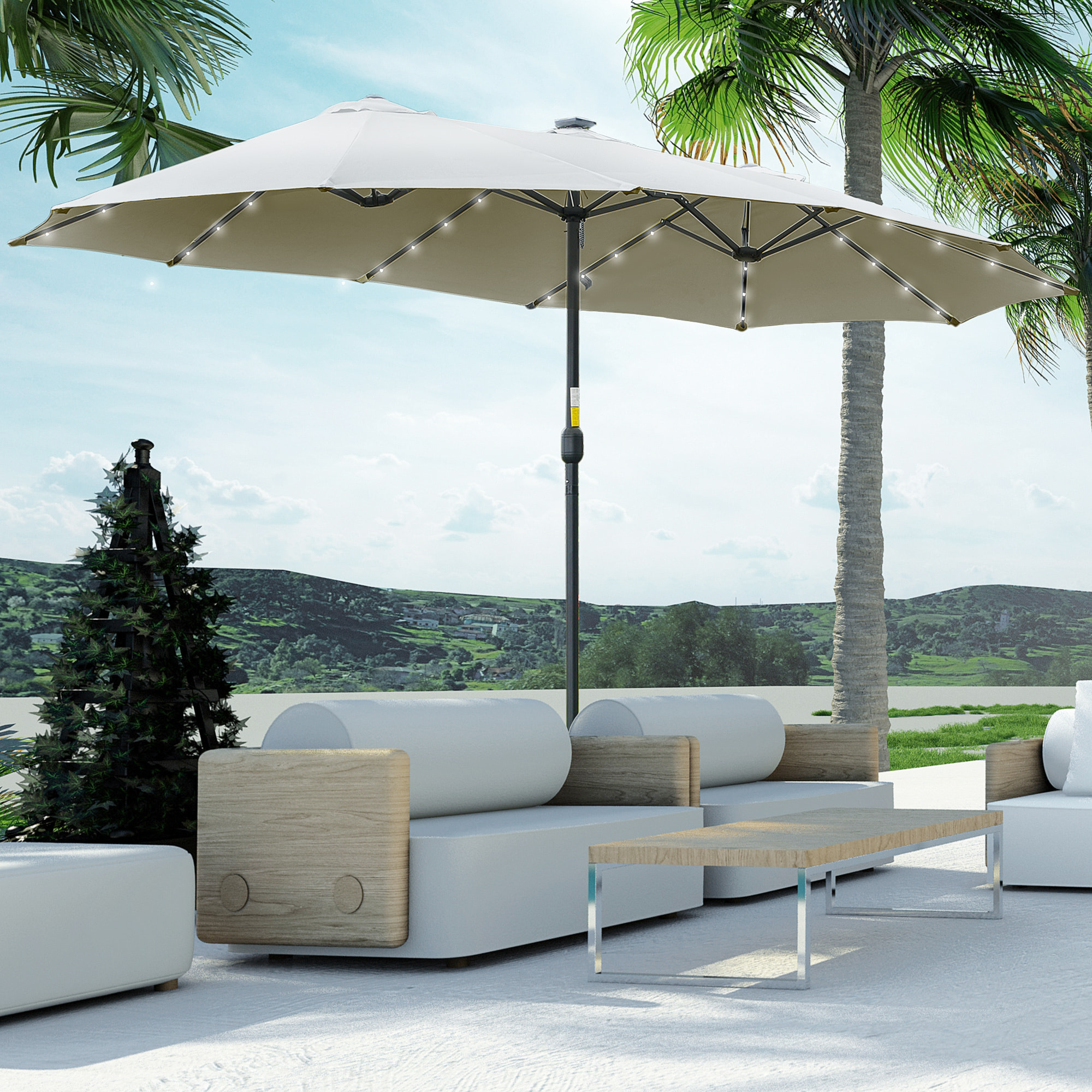 Outsunny Sombrilla Doble de Jardín con 48 Luces LED Solar 450x265x240 cm Parasol para Patio con Manivela Protección Solar para Terraza Balcón Piscina Gris Claro