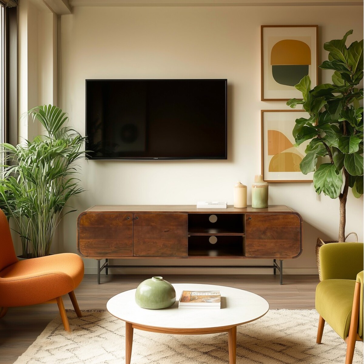 ALIX - Meuble TV design bois foncé et métal noir 3 portes ALIX