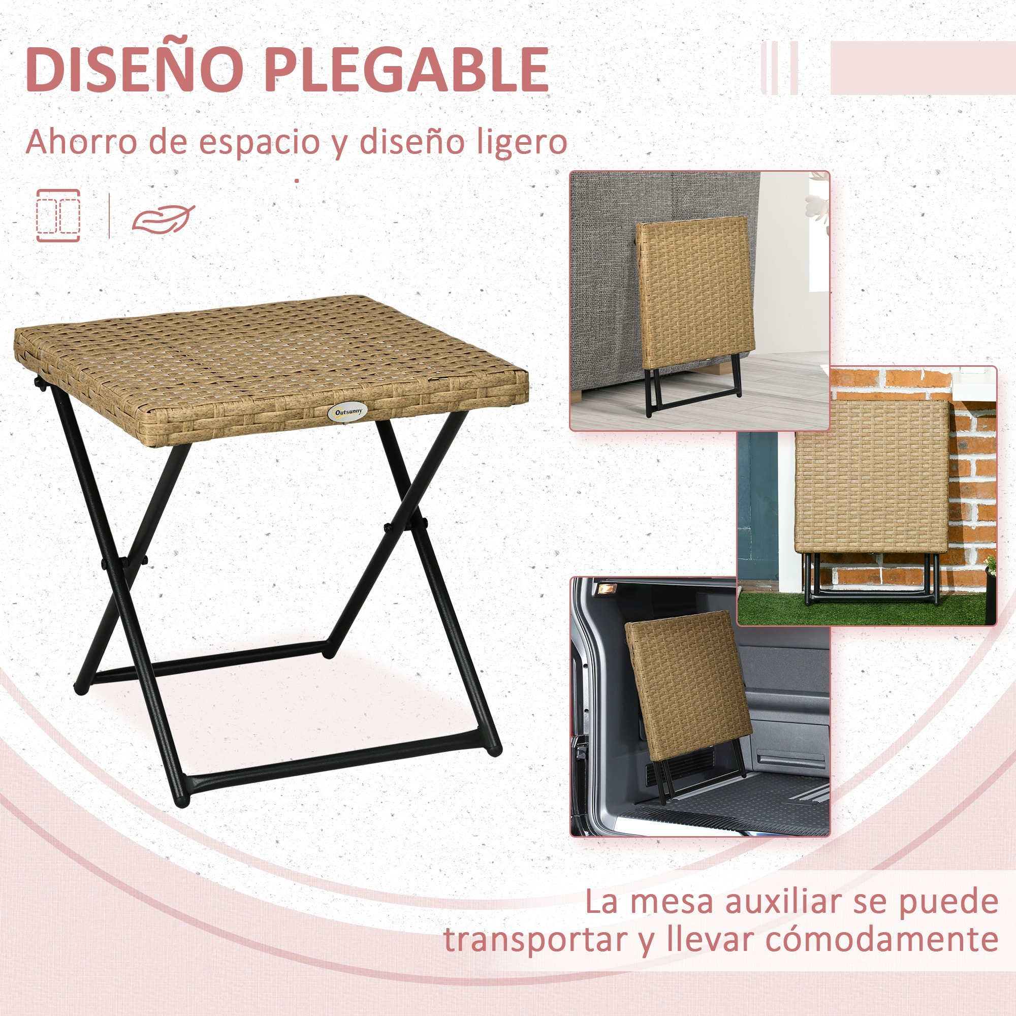 Mesa de Jardín de Ratán Sintético 0,16 ãŽ¡ Mesa de Terraza Exterior Plegable con Patas Cruzadas y Marco de Acero para Patio Balcón Natural