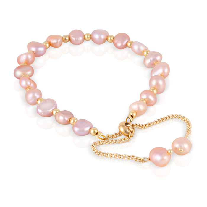Pulsera ajustable de perlas naturales en tonos rosados.