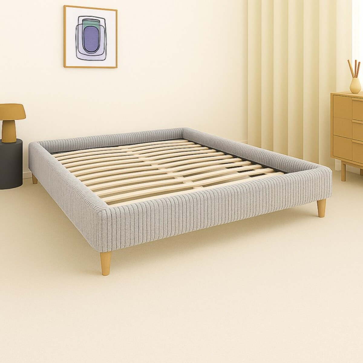 Lit Cancun | Cadre à lattes | Robustesse et confort | Montage simple rapide | Velours Côtelé | Gris clair