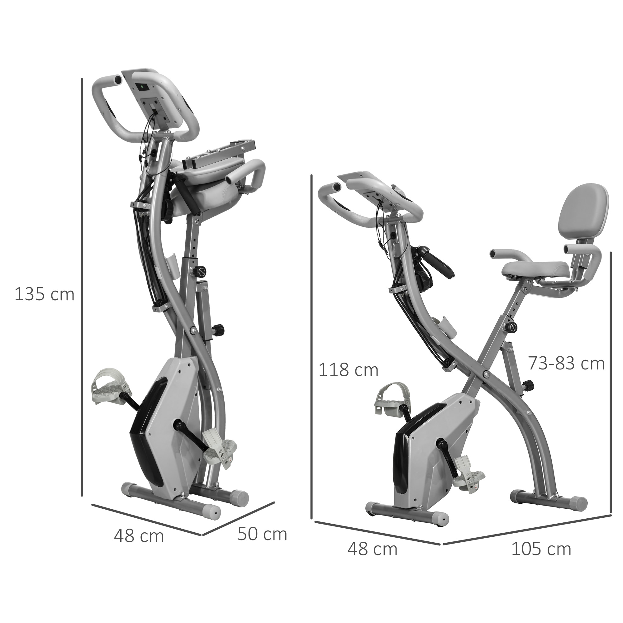 Bicicleta Estática Plegable 3 en 1 con Respaldo y 8 Niveles Resistencia Magnética, Bicicleta Estática para Casa Ajustable con Monitor LCD Volante Banda Sensor de Pulso Soporte de Teléfono Gris