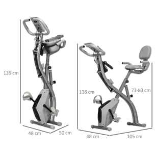 Bicicleta Estática Plegable 3 en 1 con Respaldo y 8 Niveles Resistencia Magnética, Bicicleta Estática para Casa Ajustable con Monitor LCD Volante Banda Sensor de Pulso Soporte de Teléfono Gris