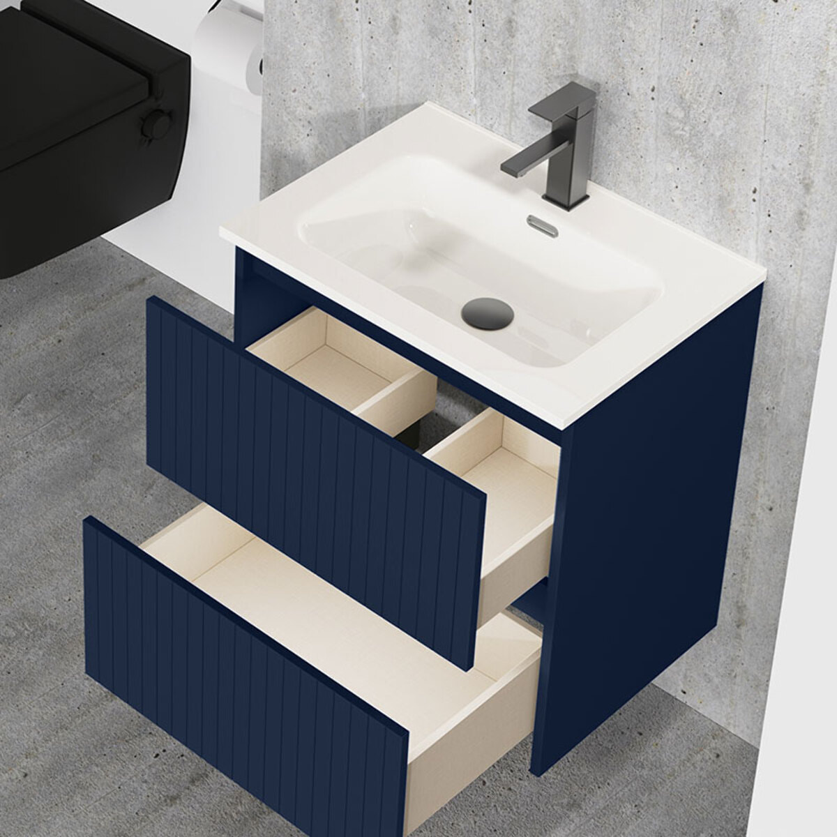 Conjunto de Baño Miya | Mueble de Baño Suspendido | 60 cm Azul| Dos Cajones | Lavabo Encastrado | No incluye Espejo | Alday