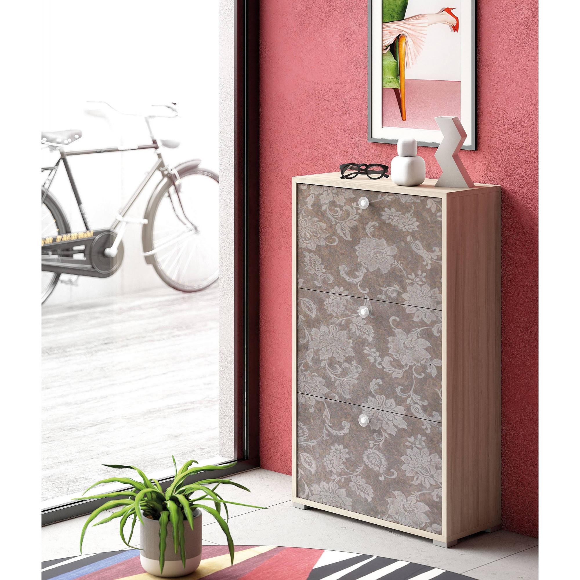 Scarpiera Peonia, Mobile multiuso da ingresso con 3 ante a ribalta, Armadietto portascarpe a doppia profondità, 100% Made in Italy, Cm 67x28h112, Olmo e fantasia