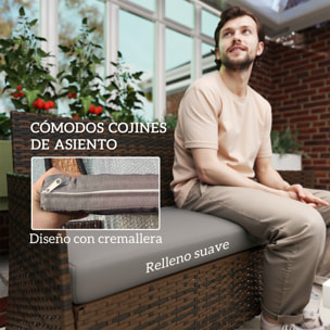 Conjunto Jardín Exterior de Ratán con Cojines Conjunto Terraza Resistente a la Intemperie Muebles Jardín Exterior con 2 Sillones Sofá de 2 Plazas Mesa con Cristal Marrón y Gris