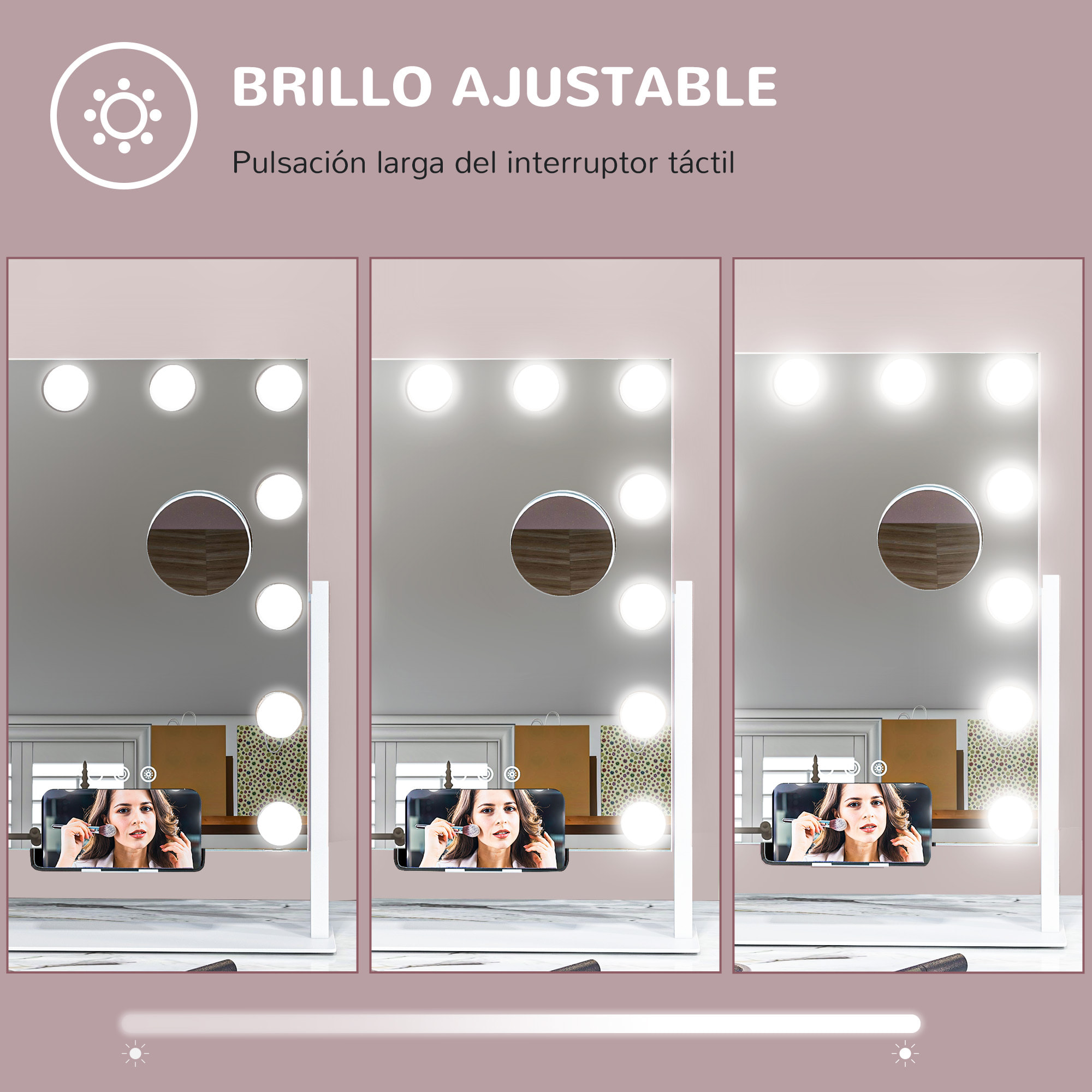 Hollywood Espejo de Maquillaje con Luz Espejo de Tocador Giratorio 30x40 cm con 12 Bombillas LED 3 Modos de Iluminación Ajustables Interruptor Táctil Soporte para Teléfono y Puerto USB Blanco