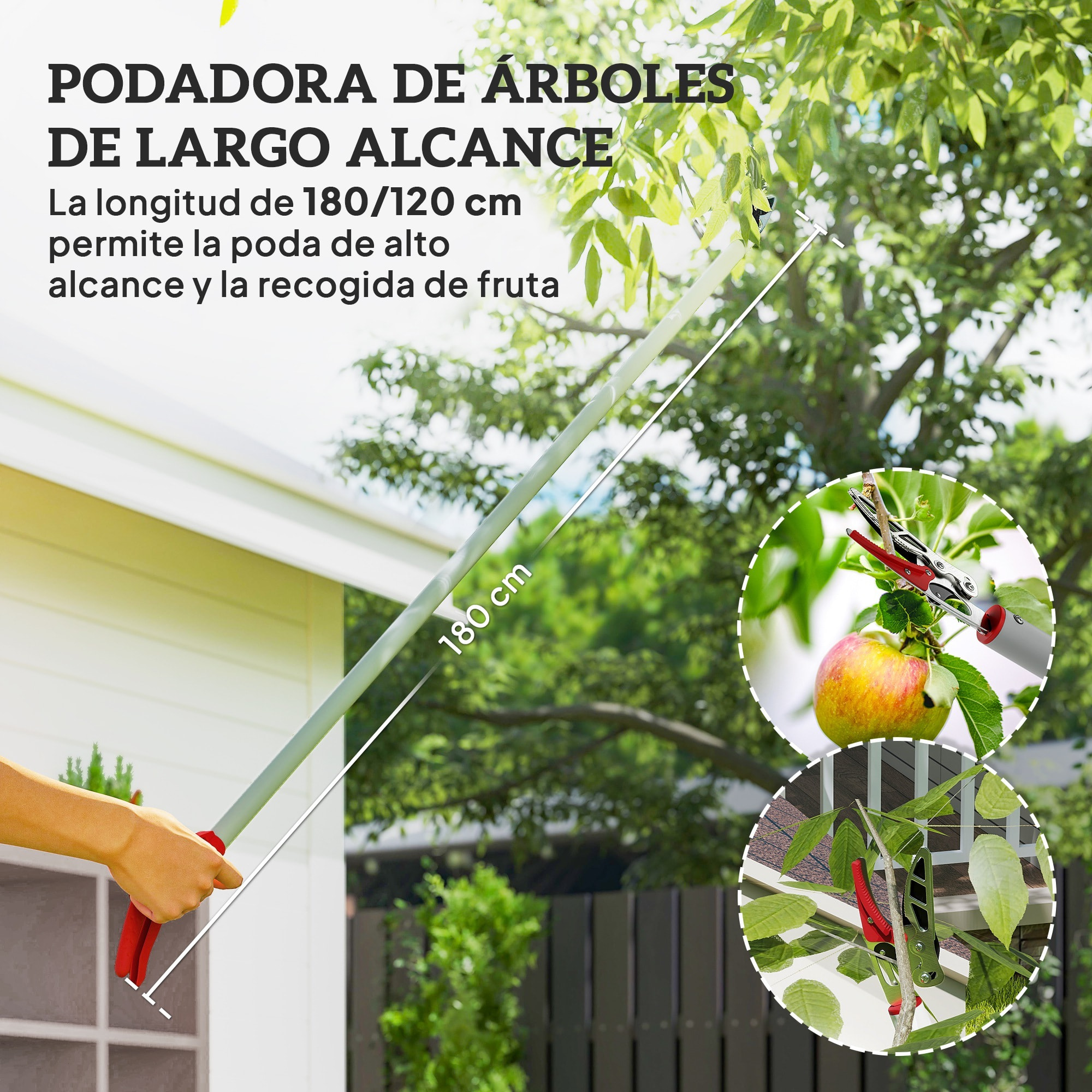 Tijeras de Podar de Jardín 180 cm, Podadora de Árboles de Largo Alcance, con Mango de Aluminio Ligero y Resistente, Cuchilla Metálica, para Poda de Ramas Altas y Recoger Frutas