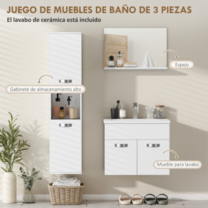 Conjunto de Muebles de Baño de Pared de 4 Piezas con Lavabo Cerámico, Espejo con Estante, Mueble Bajo Lavabo y Columna de Baño, Estilo Moderno, Blanco