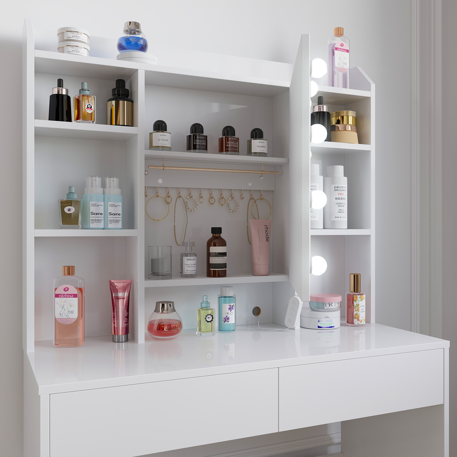 Toeletta Tavolino Trucco Tavolo Con 9 Luci LED Luminosità E Tonalità Regolabili Specchio 2 Cassetti 7 Vani A Giorno Mensole 40 x 90 x 144.7 Cm Bianco