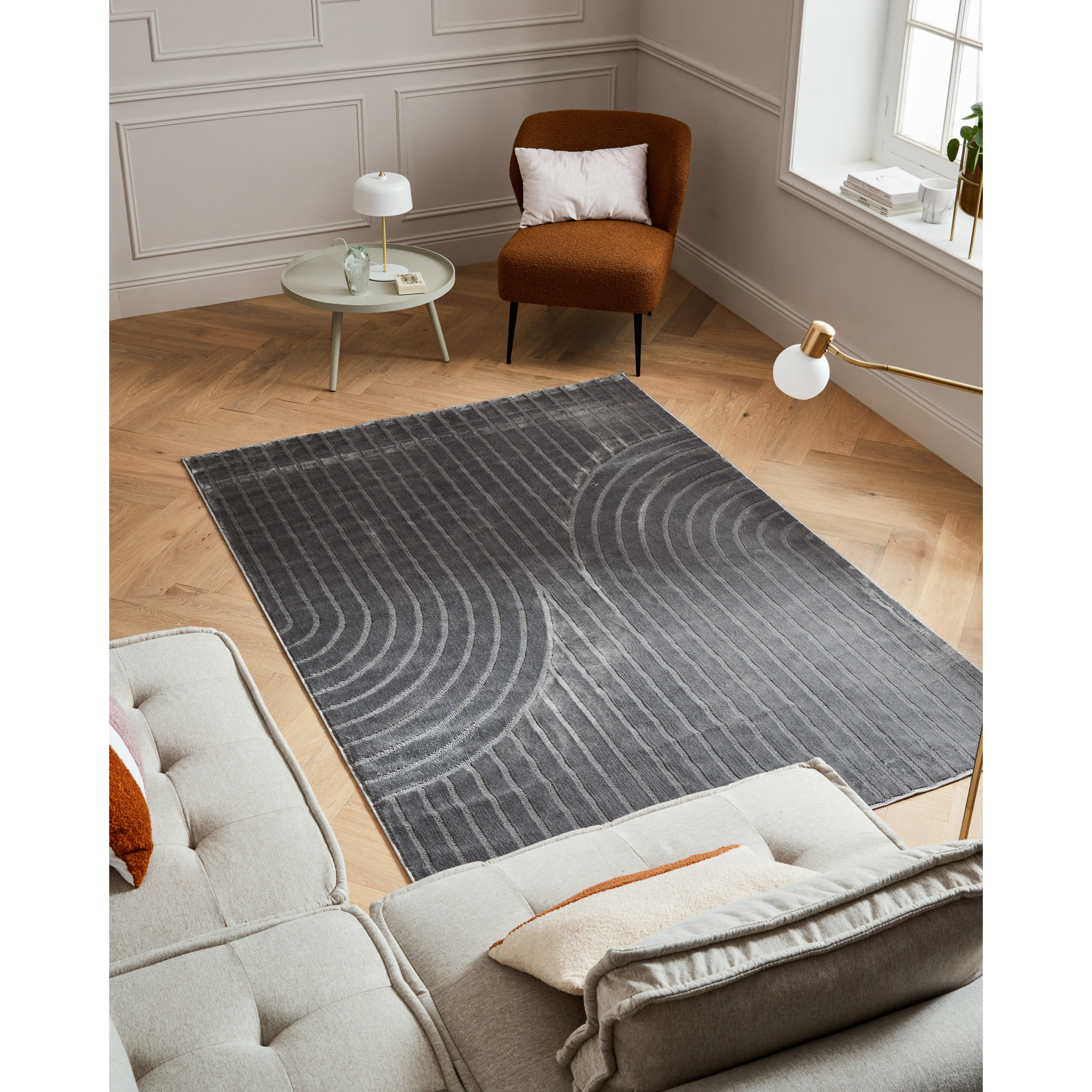 BLOOM - Tapis poils ras motif en relief - Gris