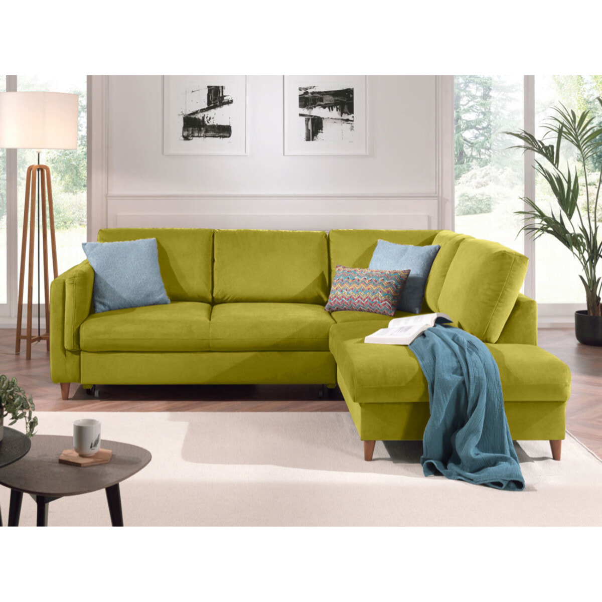 Brooke - canapé d'angle droit - convertible - 5 places - en velours - Vert Olive