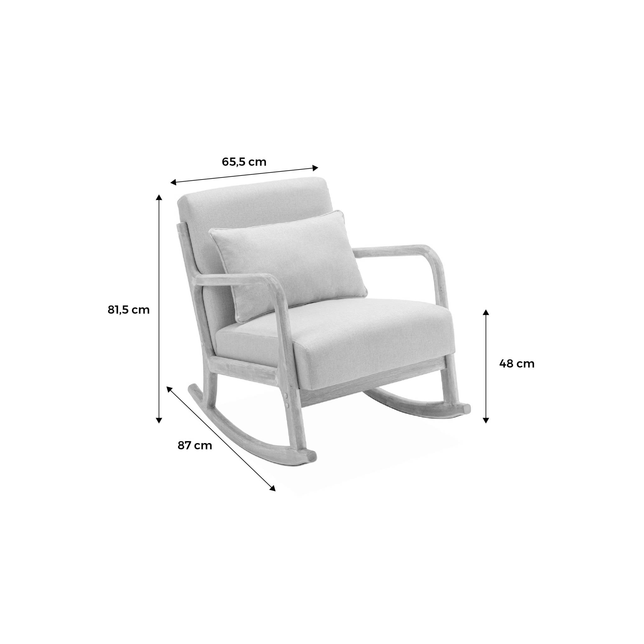 Fauteuil à bascule design en bois et tissu. bouclettes blanches. structure hévéa teinté noyer foncé