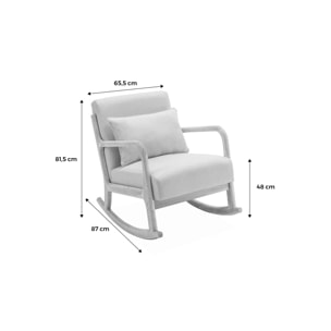 Fauteuil à bascule design en bois et tissu. bouclettes blanches. structure hévéa teinté noyer foncé