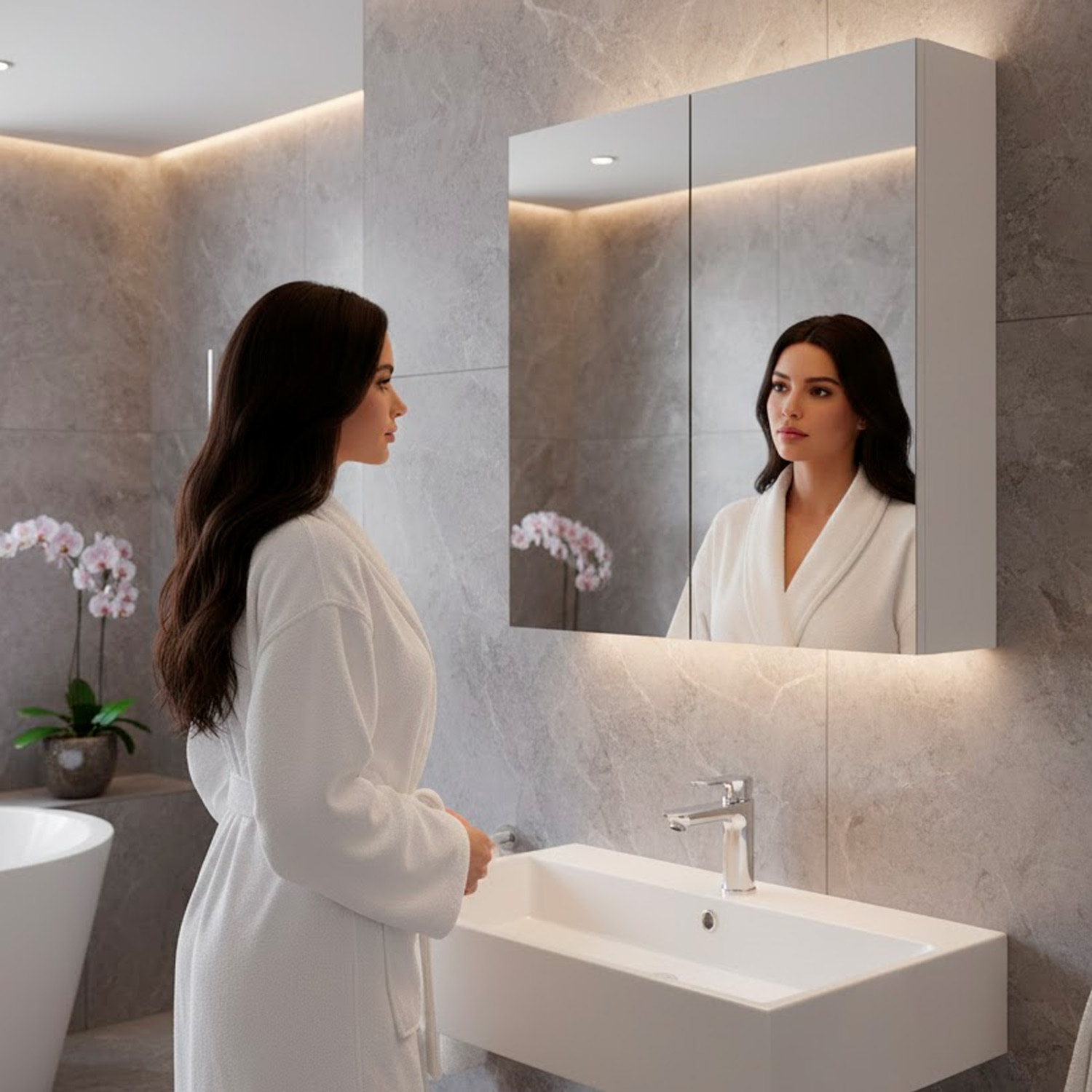 Pensile Bagno Con Specchio A 2 Ante Mobile Sospeso Salvaspazio In Melaminico Con Ripiani Interni Arredo Bagno Moderno Elegante 65 x 60 x 21 Cm Bianco