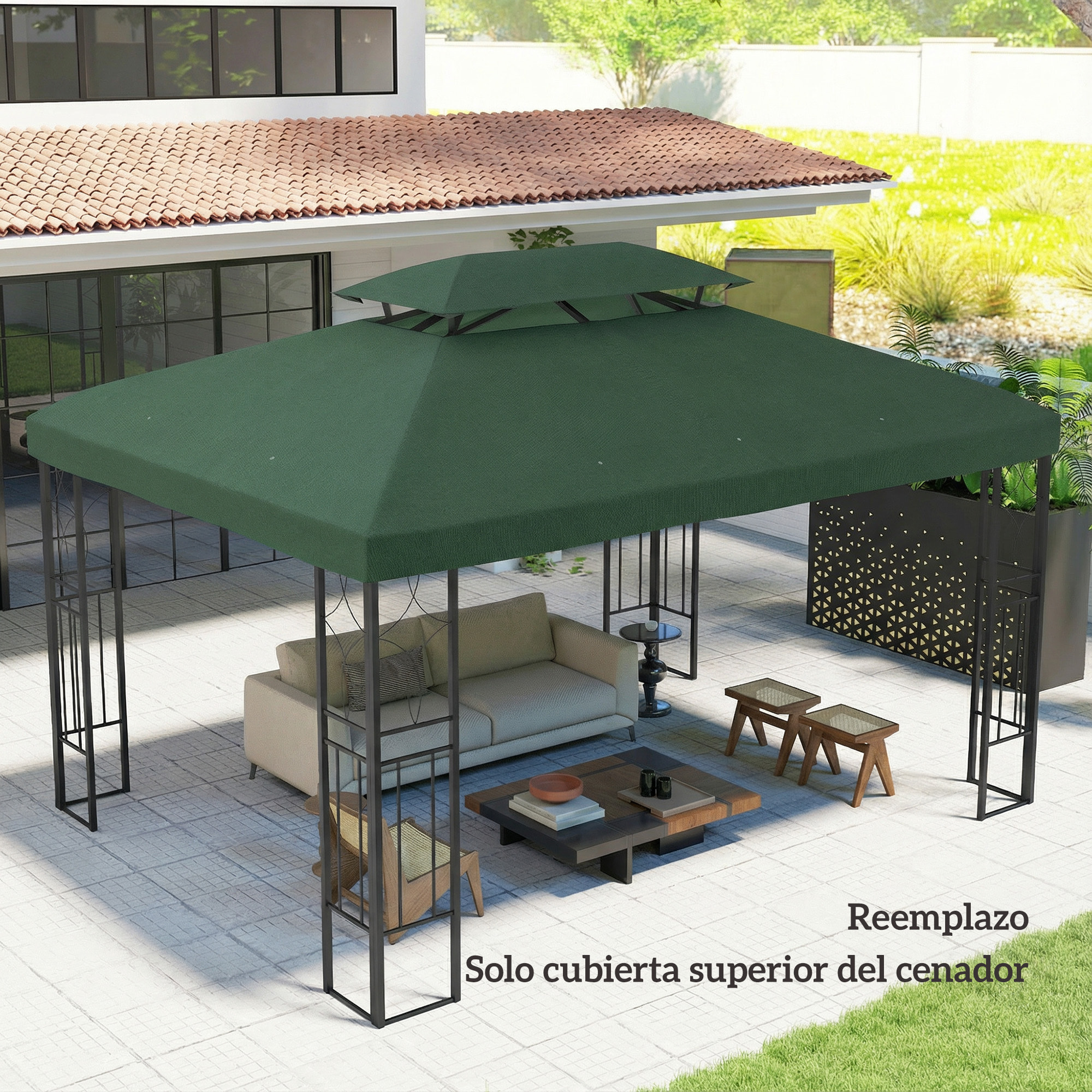 Techo de Repuesto para Cenador, 4x3 m, Cubierta de Repuesto con Techo Doble, 10 Orificios de Drenaje y Protección UV, SOLO Toldo de Recambio para Pabellón Gazebo, Verde
