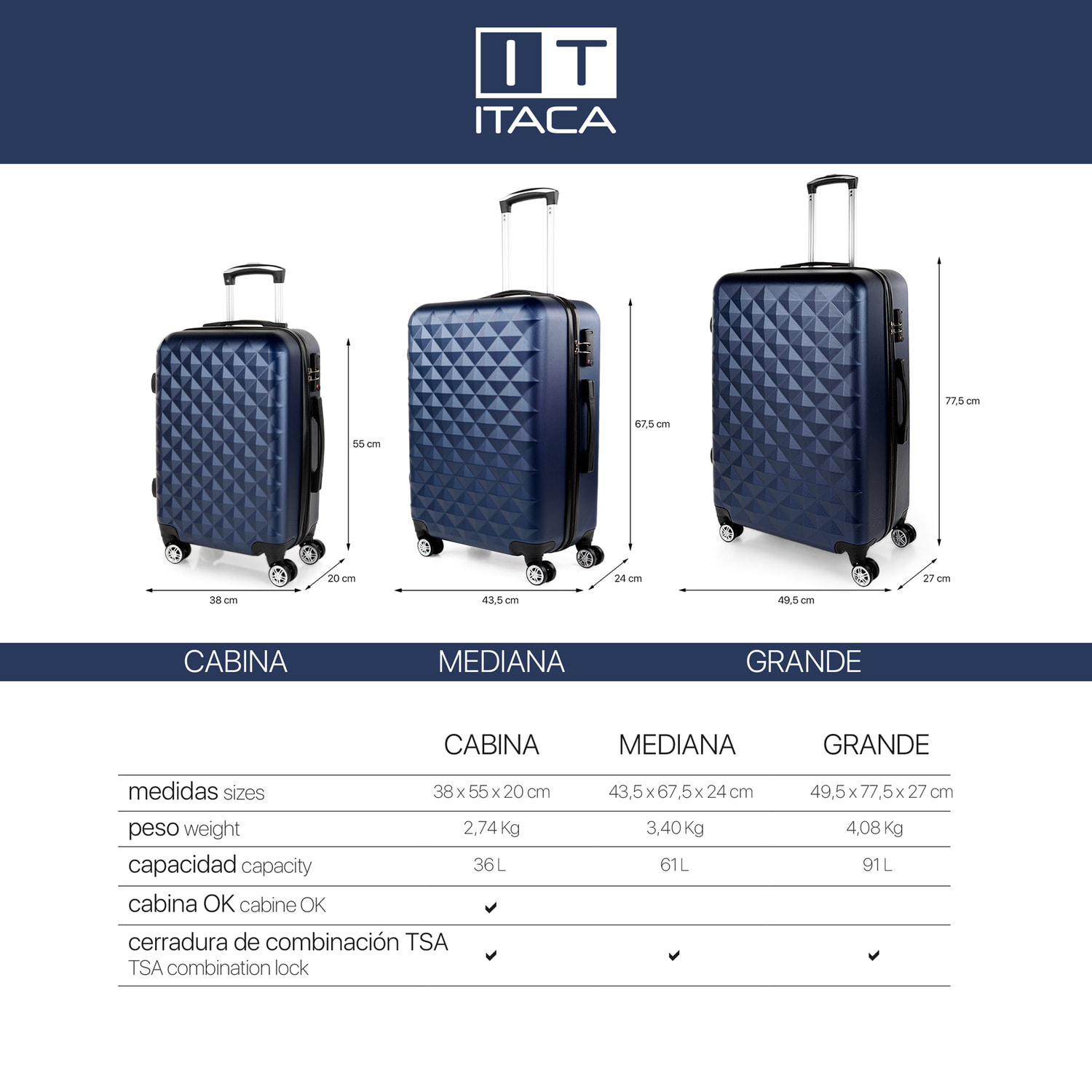 Trolley Frande 70 Cms Itaca Diamond Azul