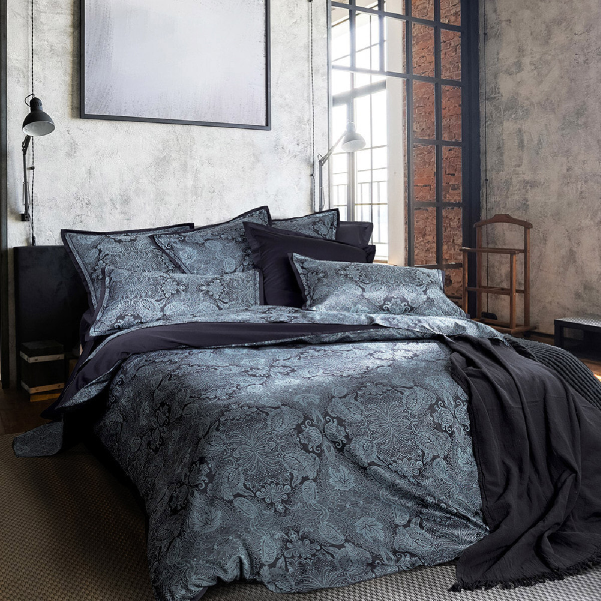 Housse de couette satin de coton motif jacquard bleu Isaphire diamant noir