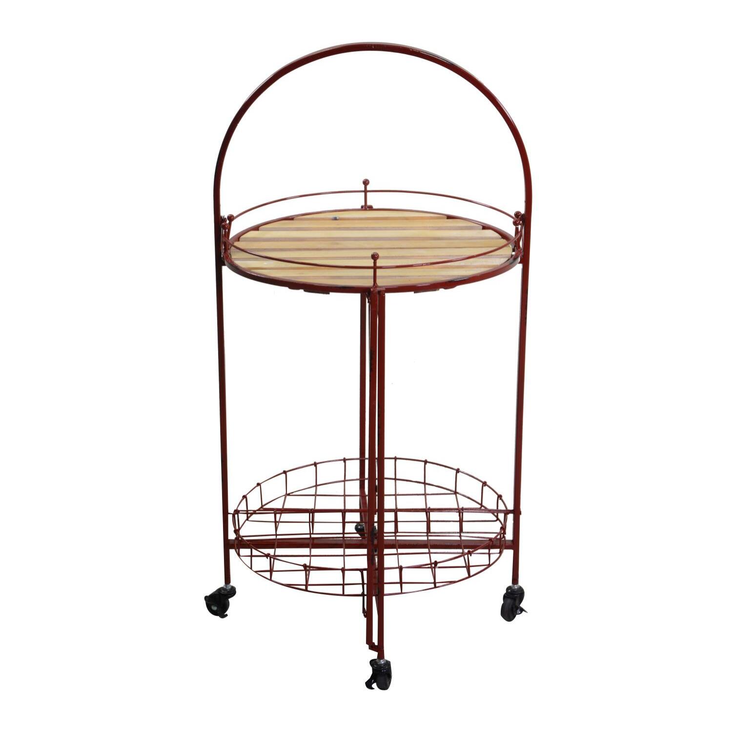 Tavolino in metallo con ruote, richiudibile, rosso tondo cmø49h67/98