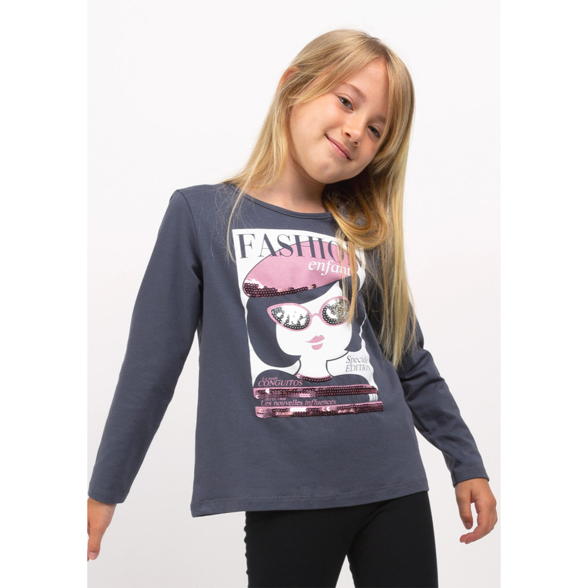 Camiseta de Niña de Manga Larga en Gris Marengo