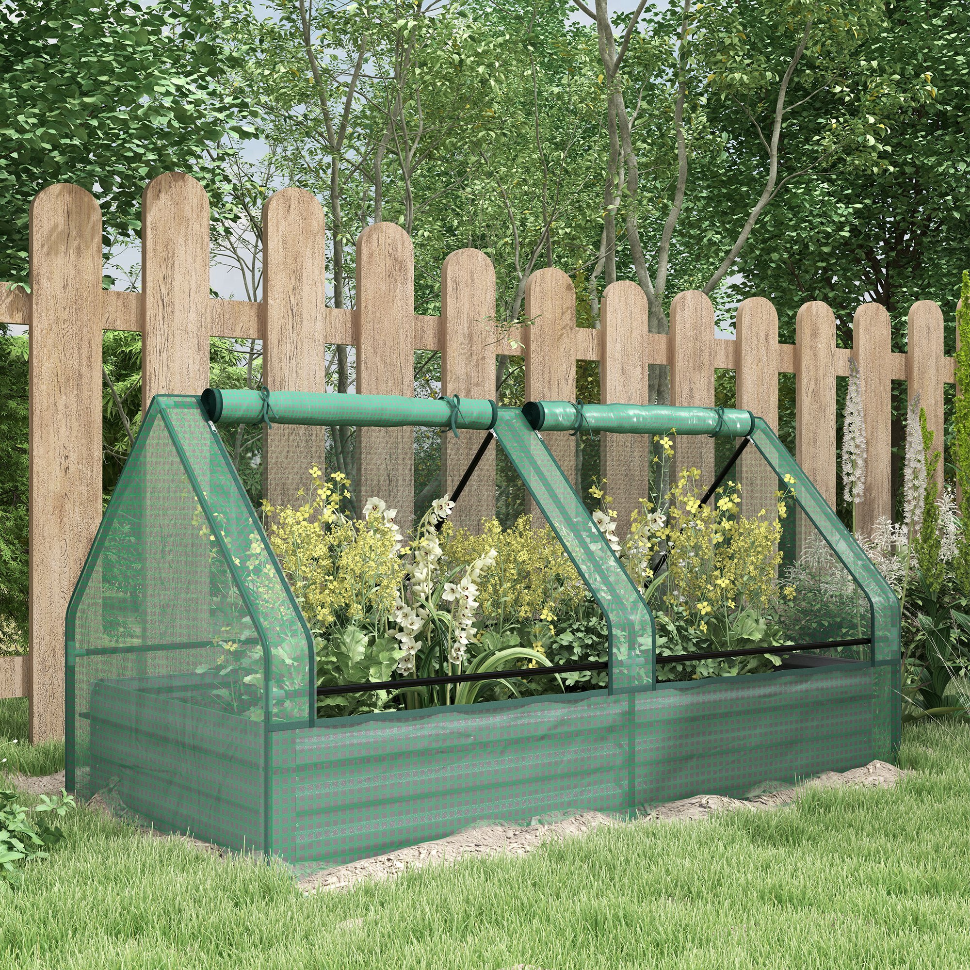 Jardinera Exterior Grande con Mini Invernadero, Huerto Urbano de Acero Galvanizado con Base Abierta, Resistente a la Intemperie, para Patio, Terraza, Balcón, 185x95x92 cm, Gris y Verde