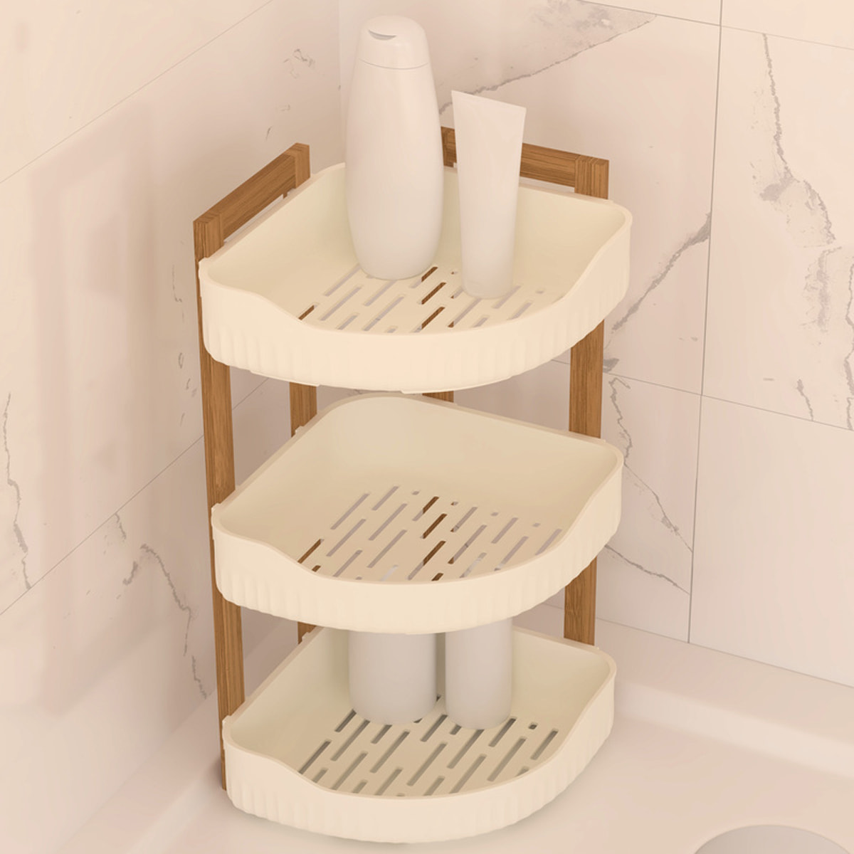 Étagère d'angle "Naturéo" 3 niveaux en bambou blanc 29x22cm