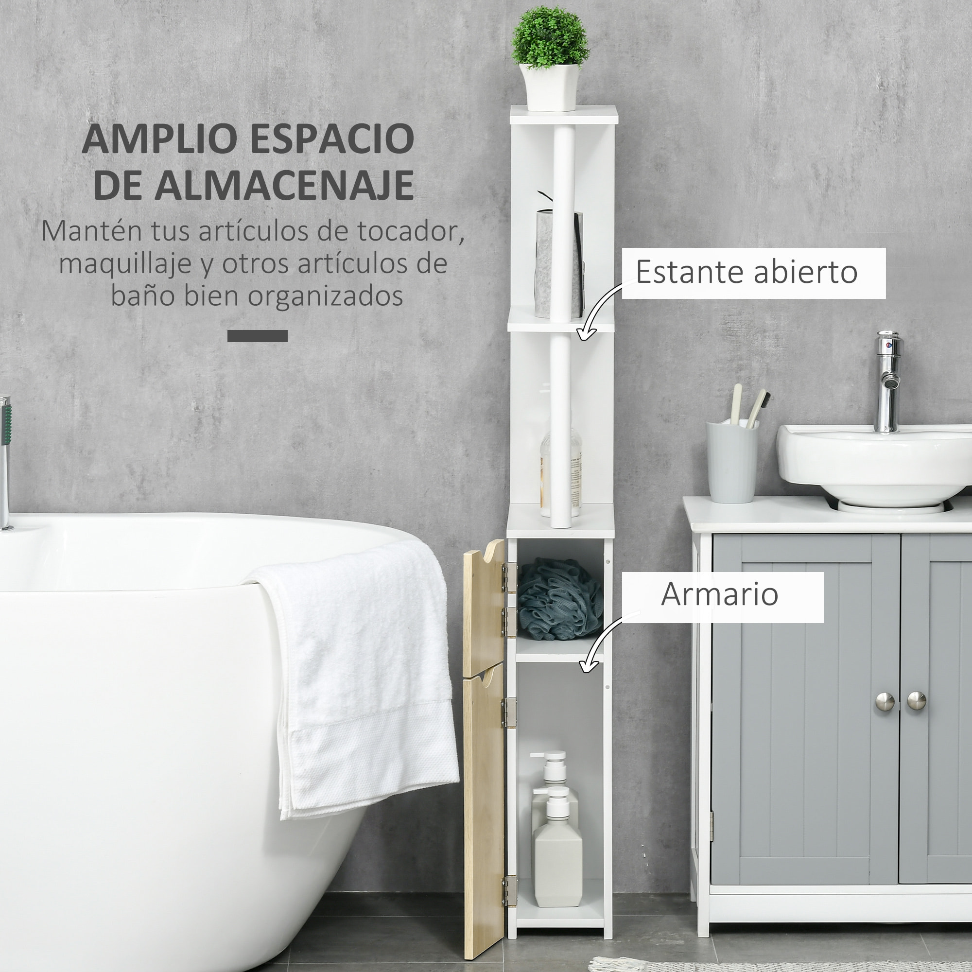 kleankin Armario Alto de Baño con 2 Puertas y 2 Estantes Abiertos Columna Auxiliar de Baño para Salón Aseo Dormitorio Estilo Moderno 15,2x29,8x118 cm Blanco y Natural