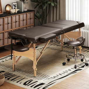 Camilla Masaje Plegable Portátil Camilla Estética Profesional de Madera de 3 Zonas con Altura, Respaldo, Soporte para Piernas, Reposacabezas Ajustables Brazos Acolchados 215x60x64-89 cm Marrón