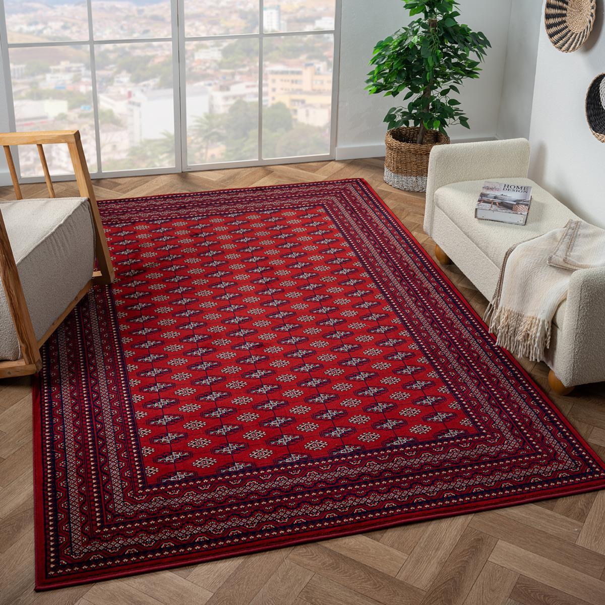 Tapis rouge et noir, motif oriental : Boukhara