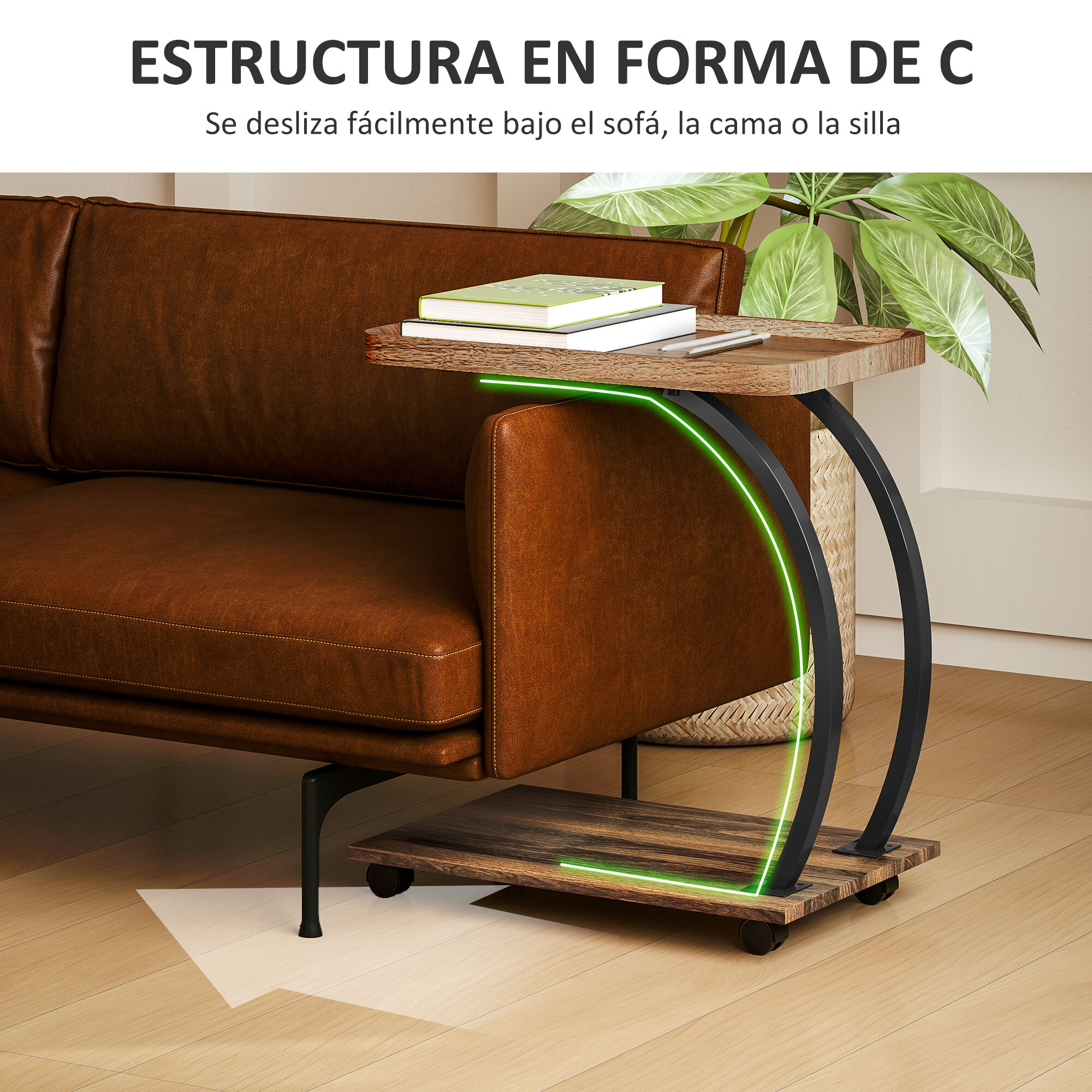 Mesa Auxiliar con Ruedas Mesa para Sofá con Bandeja Superior Estante Estructura de Acero Mesita Auxiliar para Salón Dormitorio Marrón