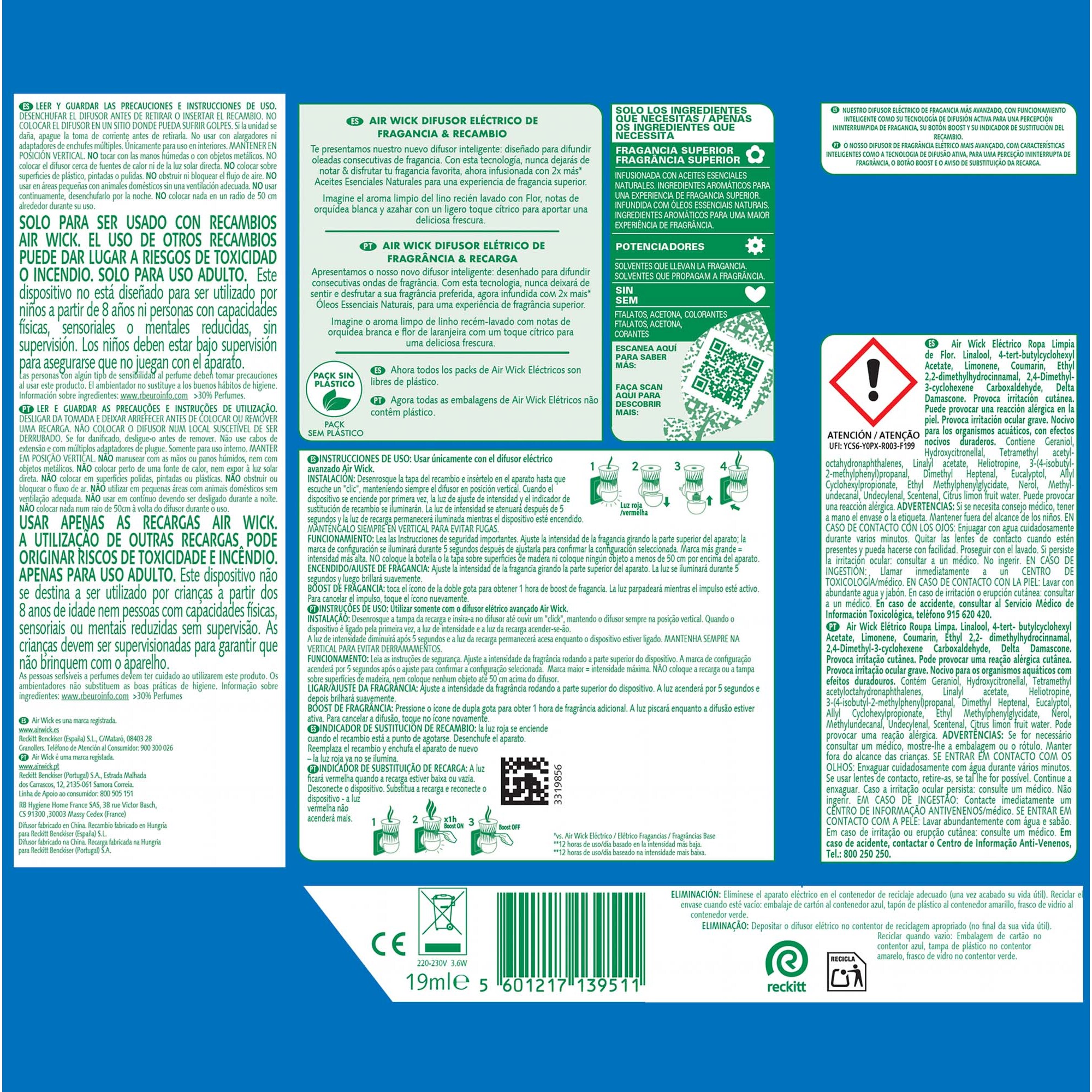 Air Wick Ambientador Eléctrico - Ambientador difusor inteligente con tecnología Anti-Fading con aroma a Ropa Limpia con Flor - Aparato y Recambio
