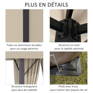 Tonnelle barnum de jardin 2,97L x 2,97l m avec 4 parois latérales amovibles - toit avec évent - porte zippée - armature aluminium et acier - beige